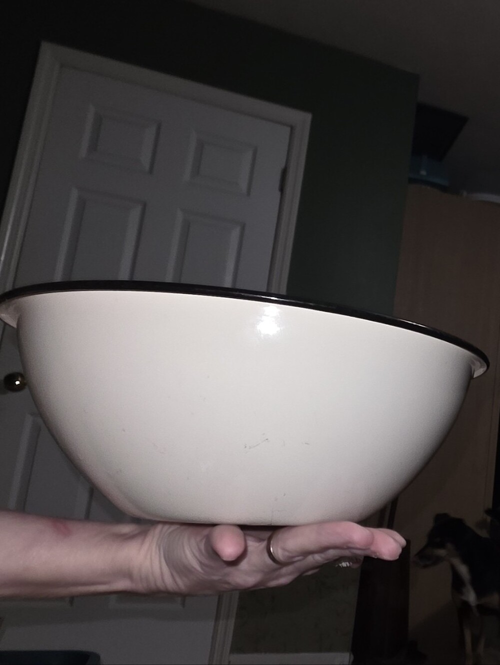 Vintage Cream Enamelware Mixing Bowl Off White Basin with Black Rim APPROX 12X5
